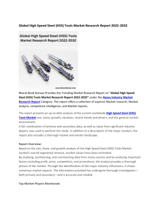 Global High Speed Steel (HSS) Tools Market Research Report 2022-2032