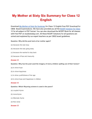 My Mother at Sixty Six Summary for Class 12 English