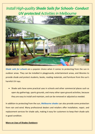Install High-quality Shade Sails for Schools- Conduct UV protected Activities in Melbourne