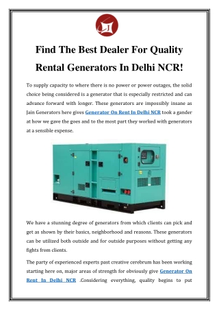 Generator On Rent In Delhi NCR Call-9810679523