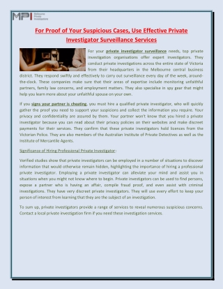 For Proof of Your Suspicious Cases, Use Effective Private Investigator Surveillance Services