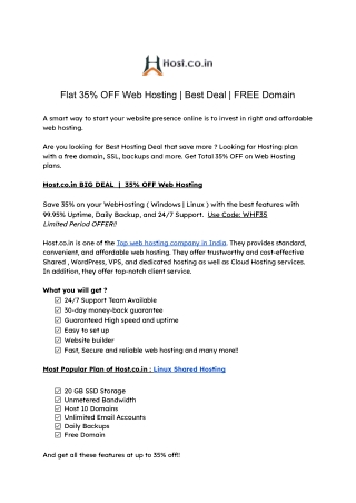 Flat 35% OFF Web Hosting  |  Best Deal | FREE Domain