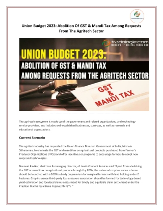 Union Budget 2023: Abolition Of GST & Mandi Tax Among Requests From The Agritech