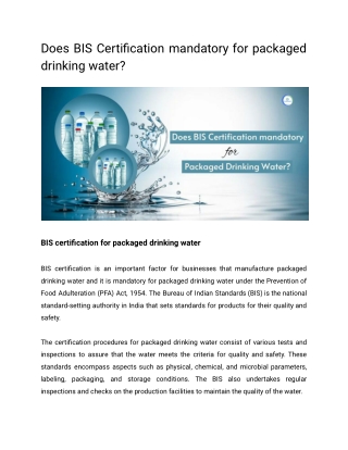 Does BIS Certification mandatory for packaged drinking water?