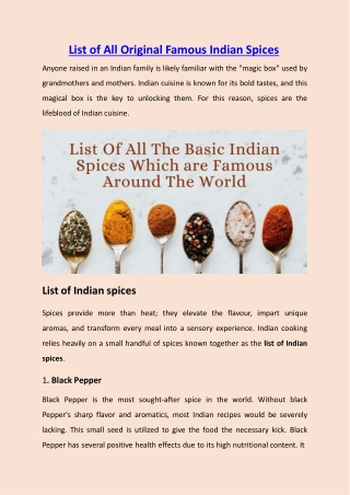 List Of All Original Famous Indian Spices