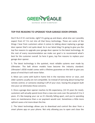 Top Five Reasons to Upgrade Your Garage Door Opener - Green Eagle Garage Door Company