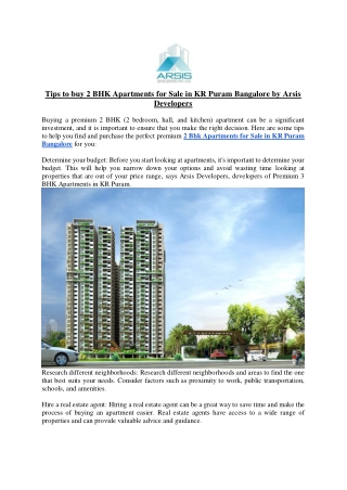 Tips to buy 2 BHK Apartments for Sale in KR Puram Bangalore by Arsis Developers