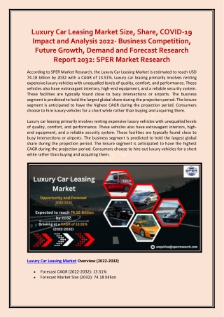 Luxury Car Leasing Market Size, Share, COVID-19 Impact and Analysis 2022-2032
