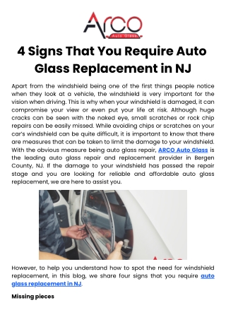 4 Signs That You Require Auto Glass Replacement in NJ