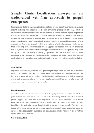 Supply Chain Localization emerges as an undervalued yet firm approach to propel enterprises