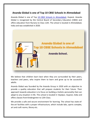 Ananda Global is one of Top 10 CBSE Schools In Ahmedabad