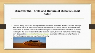 Discover the Thrills and Culture of Dubai's Desert