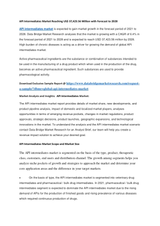 API Intermediates Market Reaching US 37,423.56 Million with Forecast to 2028