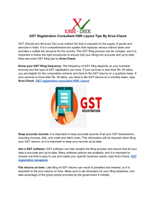 GST Registration Consultant HSR Layout Tips By Kros-Check