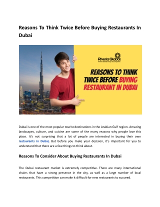 Reasons To Think Twice Before Buying A Restaurant In Dubai