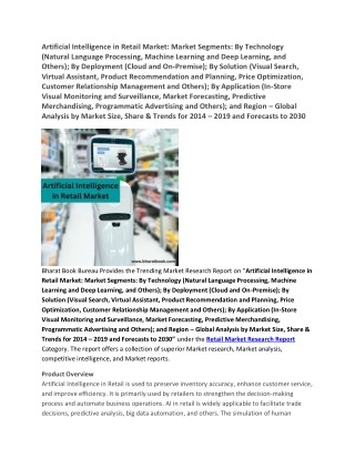Artificial Intelligence in Retail Market,Global Analysis for 2014 – 2019 and Forecasts to 2030