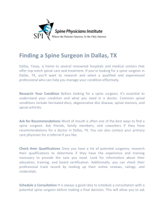 Finding a Spine Surgeon in Dallas, TX - Spine Physicians Institute