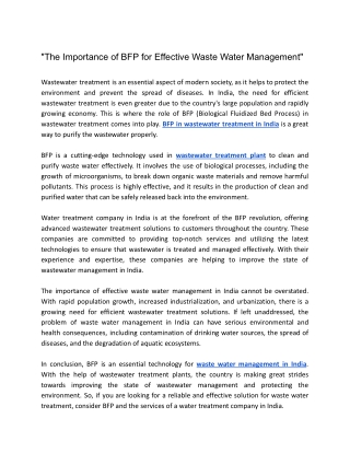 he Importance of BFP for Effective Waste Water Management