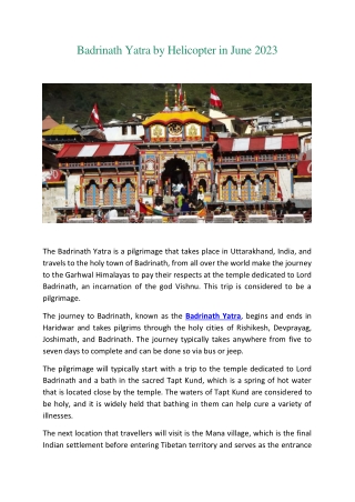 Badrinath yatra by helicopter by helicopter in  June 2023