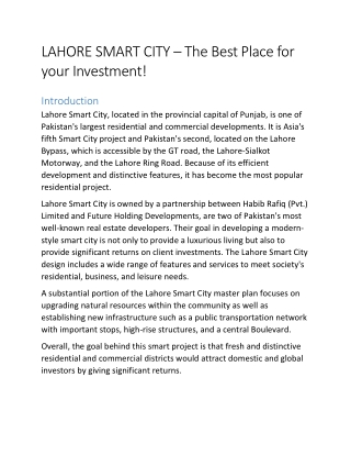 LAHORE SMART CITY – The Best Place for your Investment!