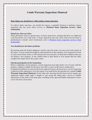 Condo Warranty Inspections Montreal