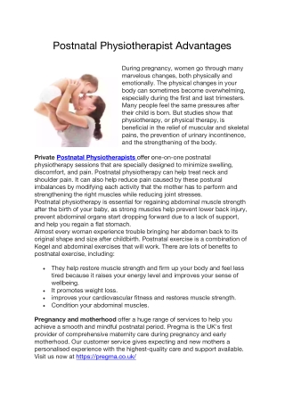 Postnatal Physiotherapist Advantages