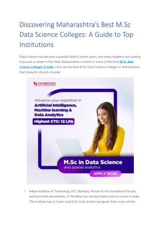 Discovering Maharashtra’s Best M.Sc Data Science Colleges