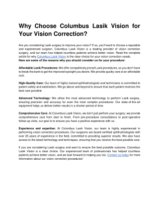 Why Choose Columbus Lasik Vision for Your Vision Correction