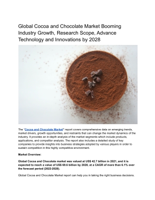 Global Cocoa and Chocolate Market Booming Industry Growth, Research Scope