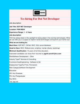 Tcs hiring For Dot Net Developer