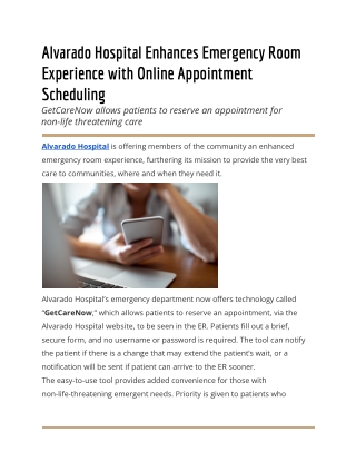 Alvarado Hospital Enhances Emergency Room Experience with Online Appointment Scheduling