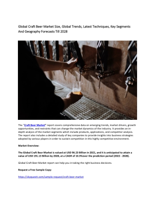 Global Craft Beer Market Size, Global Trends, Latest Techniques, Key Segments.