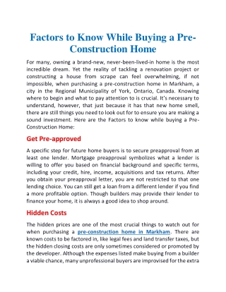 Factors to know while buying a Pre-Construction Home