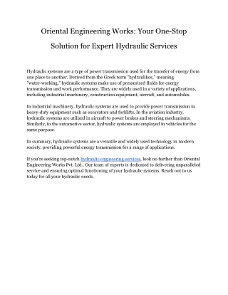 Oriental Engineering Works  Your One-Stop Solution for Expert Hydraulic Services