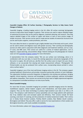 Cavendish Imaging Offers 3D Surface Scanning Photography Services to Help Assess Facial Changes in Patients