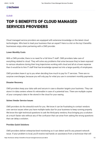 Top 5 Benefits of Cloud Managed Services Providers