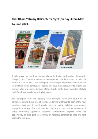 Char Dham Yatra by Helicopter 5 Nights 6 Days From May To June 2023