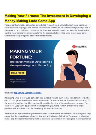 Making Your Fortune: The Investment in Developing a Money-Making Ludo Game App