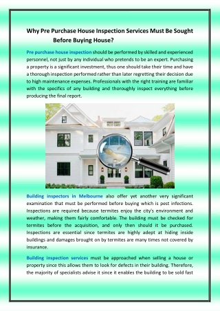 Why Pre Purchase House Inspection Services Must Be Sought Before Buying House?