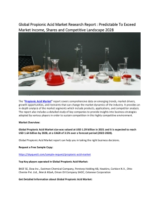 Global Propionic Acid Market Research Report : Predictable To Exceed Market.