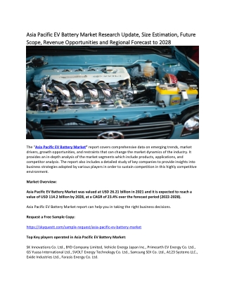 Asia Pacific EV Battery Market Research Update, Size Estimation, Future Scope.