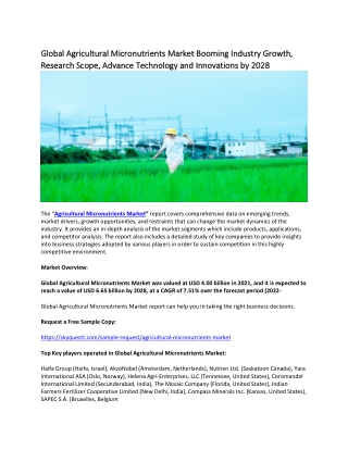 Global Agricultural Micronutrients Market Booming Industry Growth, Research.