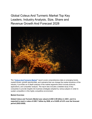 Global Coleus And Turmeric Market Top Key Leaders, Industry Analysis
