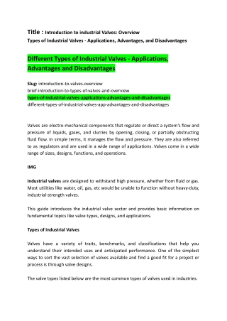 Different Types of Industrial Valves - Applications, Advantages and Disadvantage