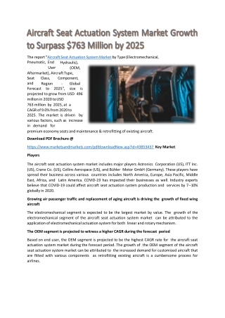 Aircraft Seat Actuation System Market Growth to Surpass $763 Million by 2025