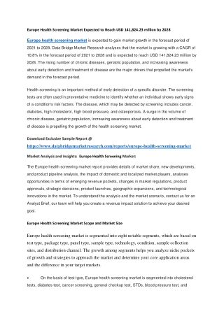 Europe Health Screening Market Expected to Reach USD 141,824.23 million by 2028
