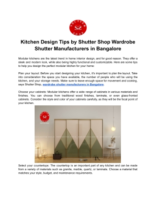 Kitchen Design Tips by Shutter Shop Wardrobe Shutter Manufacturers in Bangalore