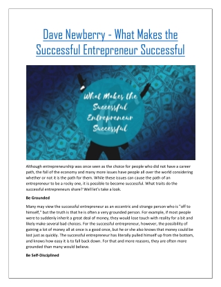 Dave Newberry - What Makes the Successful Entrepreneur Successful