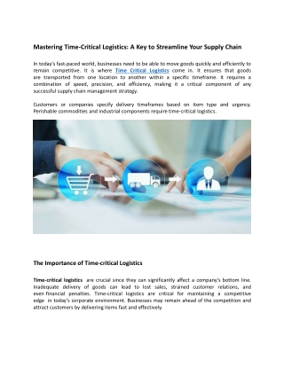 Mastering Time Critical Logistics  A Key To Streamline Your Supply Chain