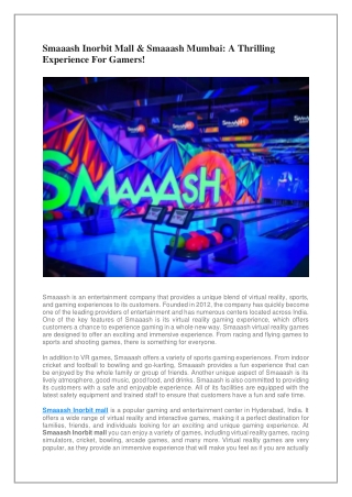 Smaaash Inorbit Mall & Smaaash Mumbai: A Thrilling Experience For Gamers!